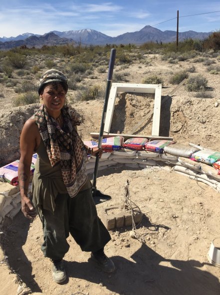 Earthsong 2018 Sekhmet Temple, Cactus Springs NV. cement and dirt brick making for the temple